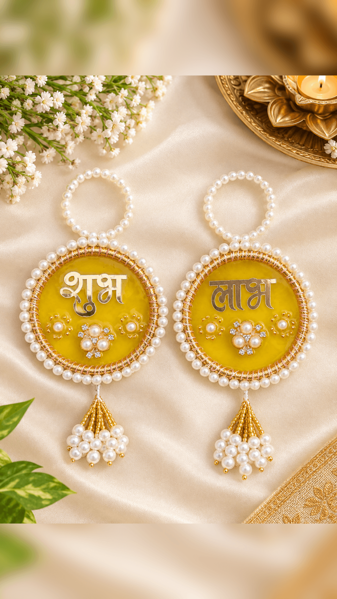Handmade Resin Shubh Labh Hanging Pair | Pearl Door & Wall Decor
