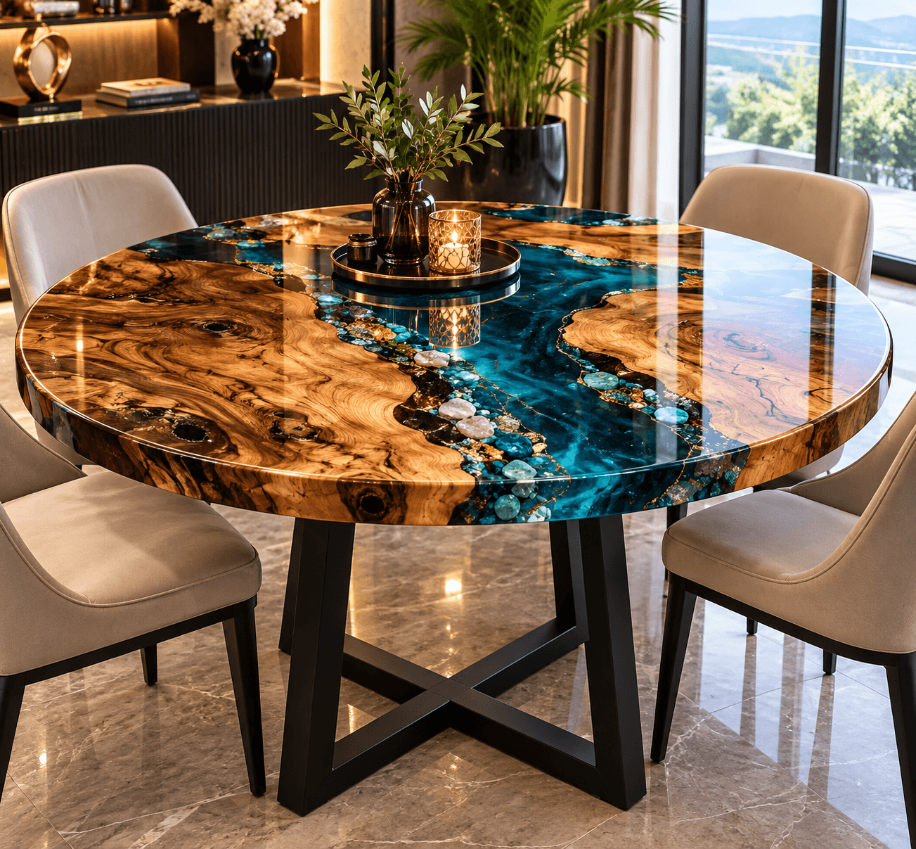 Luxury Round Epoxy Resin Dining Table | Blue River Live Edge Wood Table | Handmade Custom Dining Furniture | SK Epoxy Craft