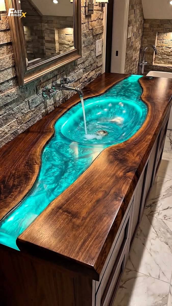 Handcrafted Live Edge Wood & Turquoise Resin River Bathroom Vanity Top with Integrated Sink