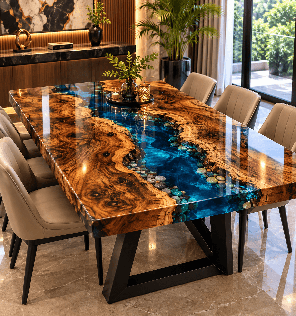 Luxury Epoxy Resin Dining Table – Handmade Live Edge Wood & Blue River Table