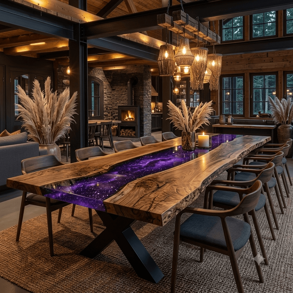 Luxury Purple Galaxy Epoxy Resin Dining Table | Live Edge Wood River Table | Handmade Custom Dining Furniture | SK Epoxy Craft