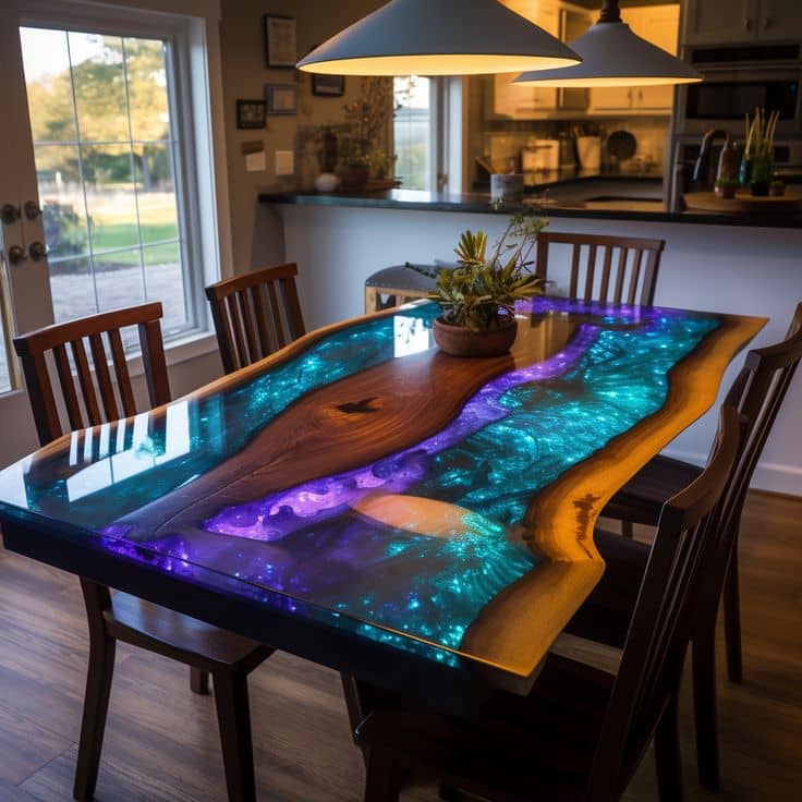 Handcrafted Live Edge Wood & Glowing Galaxy Resin River Dining Table – Custom Epoxy Kitchen Table