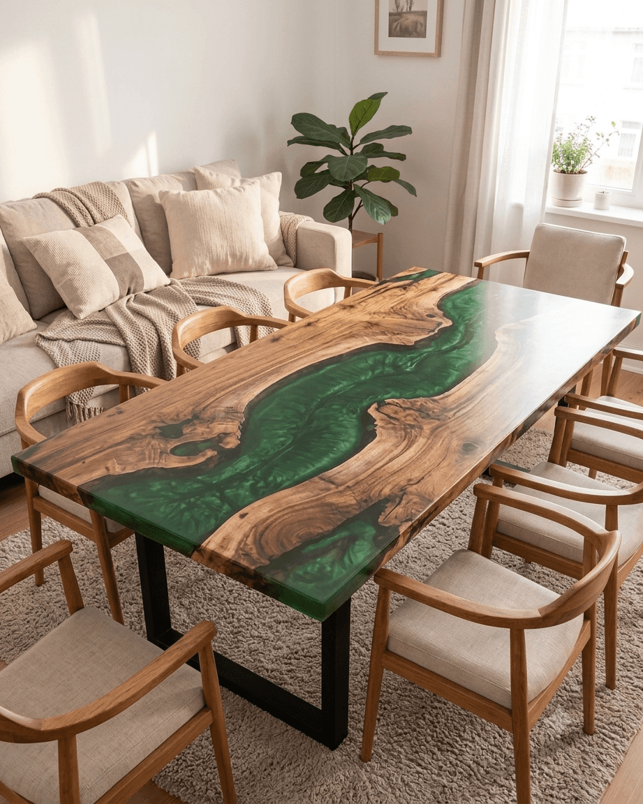 Luxury Green Epoxy Resin Dining Table | Live Edge Wood River Table | Handmade Custom Dining Furniture | SK Epoxy Craft