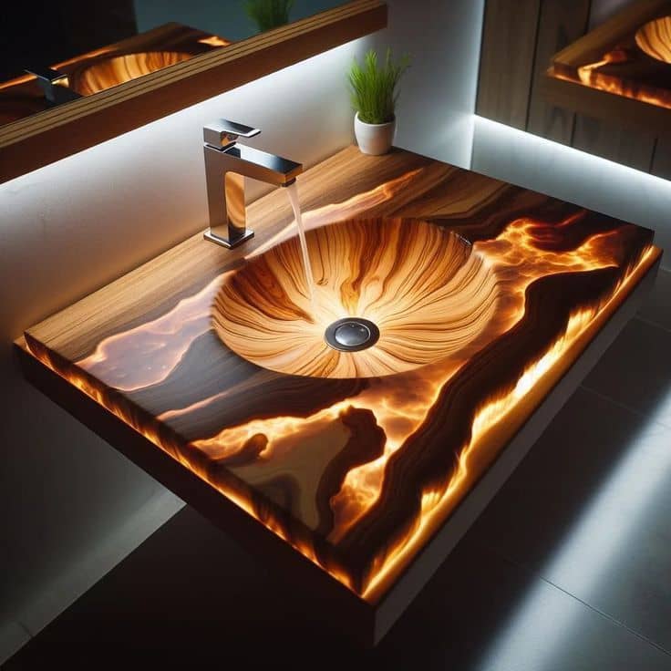 Handcrafted Live Edge Wood & Amber Fire Epoxy Resin Bathroom Vanity Top with Integrated Sunburst Sink