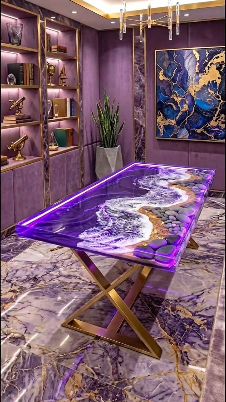 Luxury Handmade Purple Ocean Wave Epoxy Resin Table – Custom Resin River Dining & Executive Desk with Gold X-Base